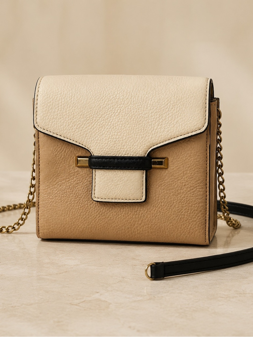 Kate Landry Two-Tone Cream and Tan Crossbody with Gold Chain